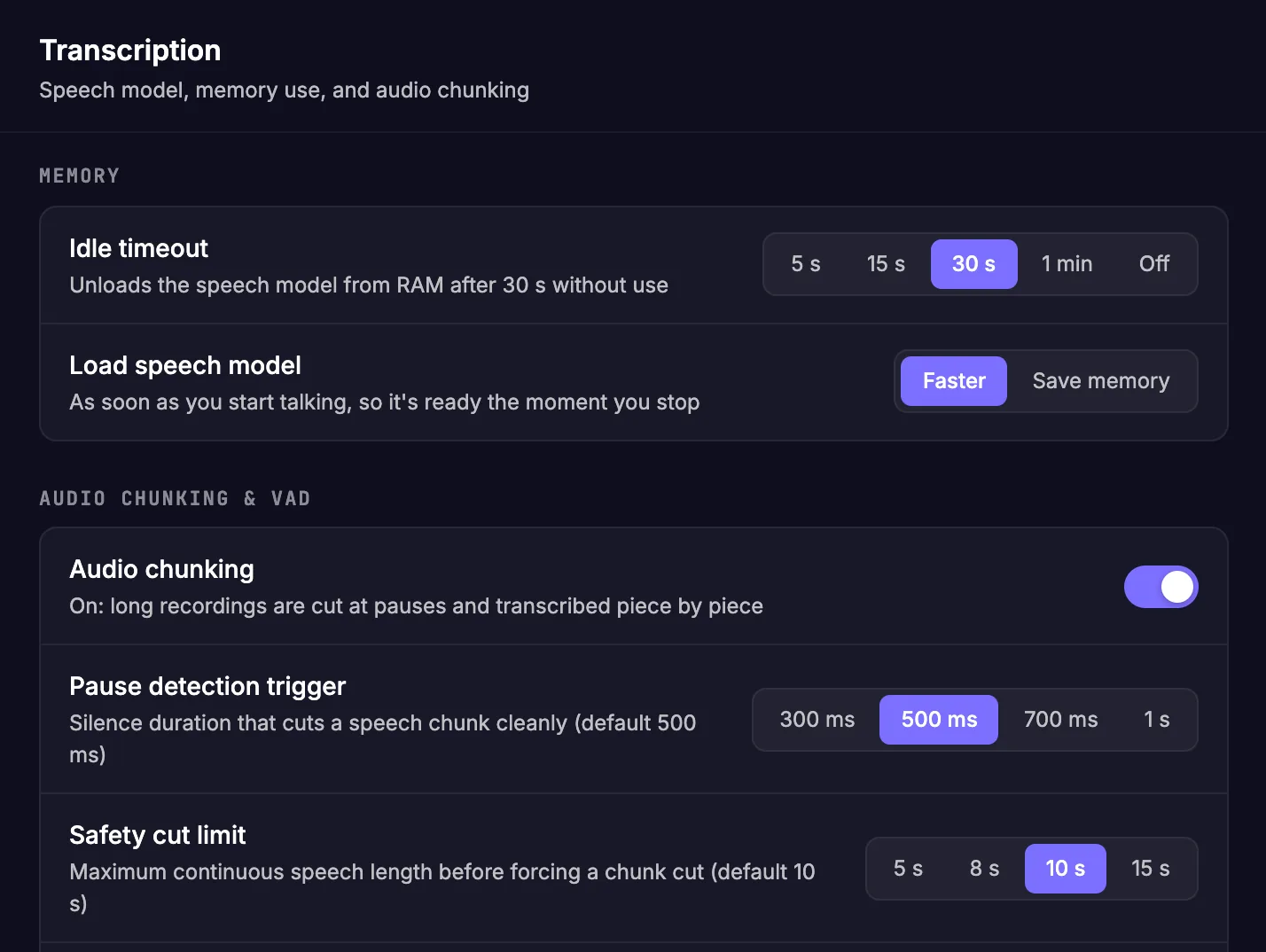 Transcription tab: Memory with idle timeout and model loading, then Audio Chunking and VAD with chunking on, pause detection trigger and safety cut limit
