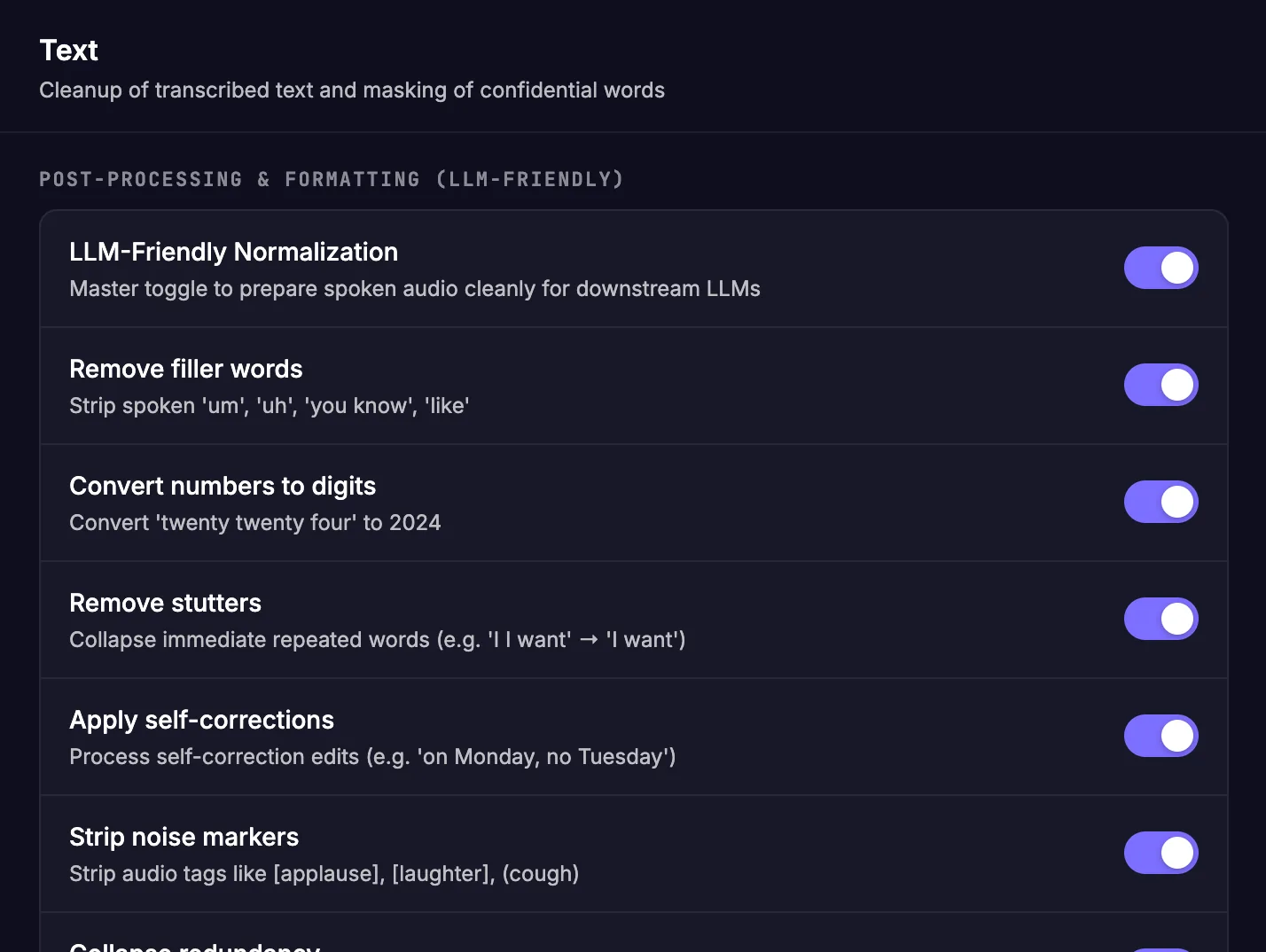 Post-Processing and Formatting section: filler words, numbers to digits, stutters, self-corrections and more