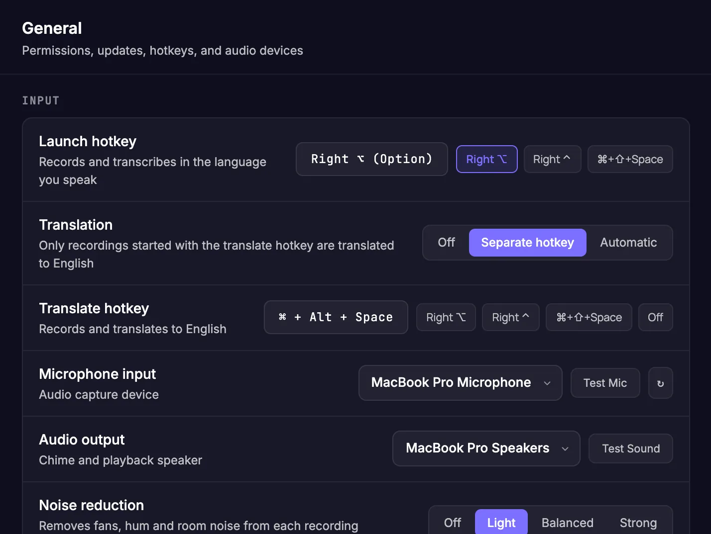 Input section: launch and translate hotkeys, microphone input with Test Mic, audio output and noise reduction