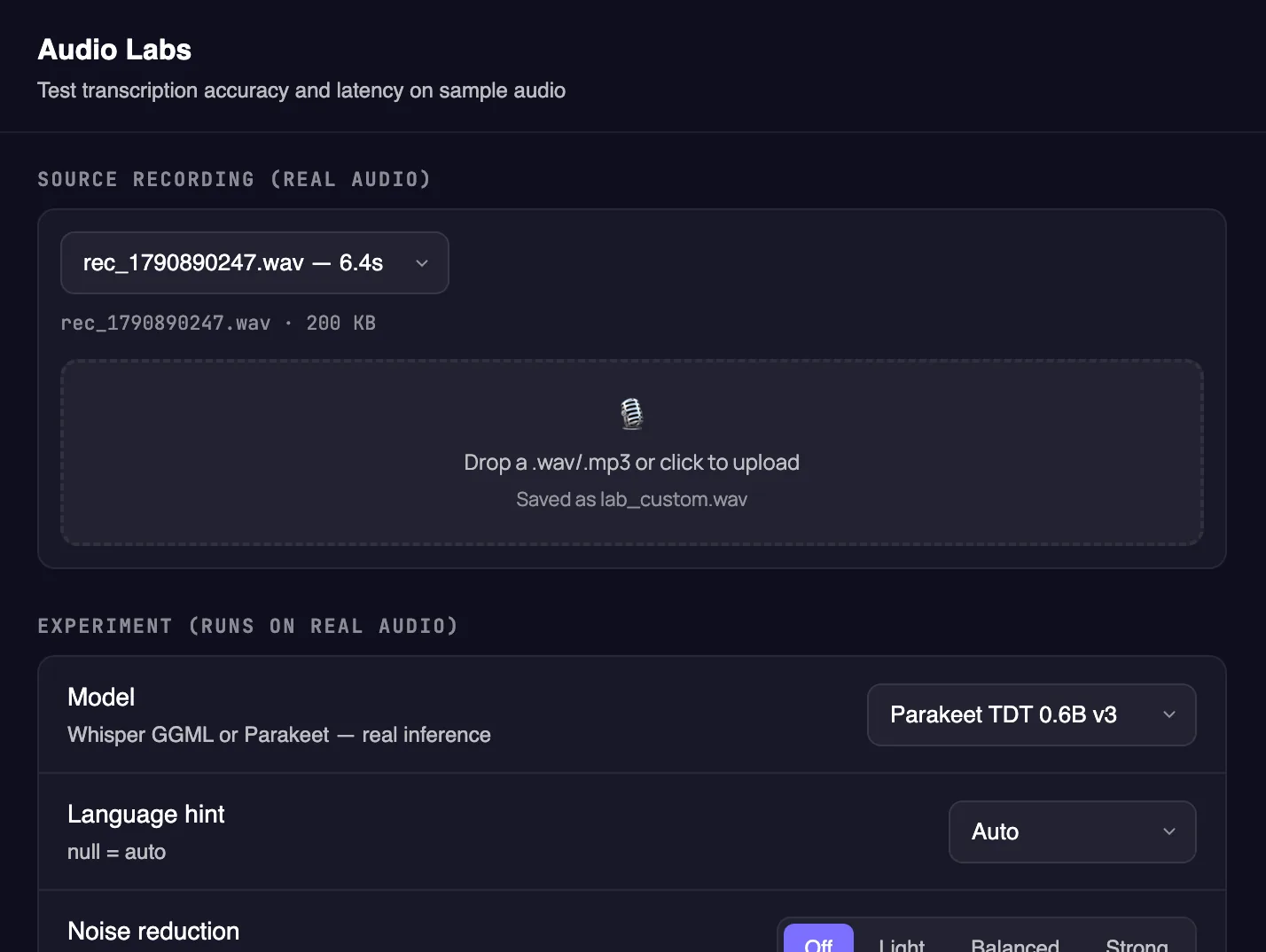 Audio Labs tab: source recording and experiment settings