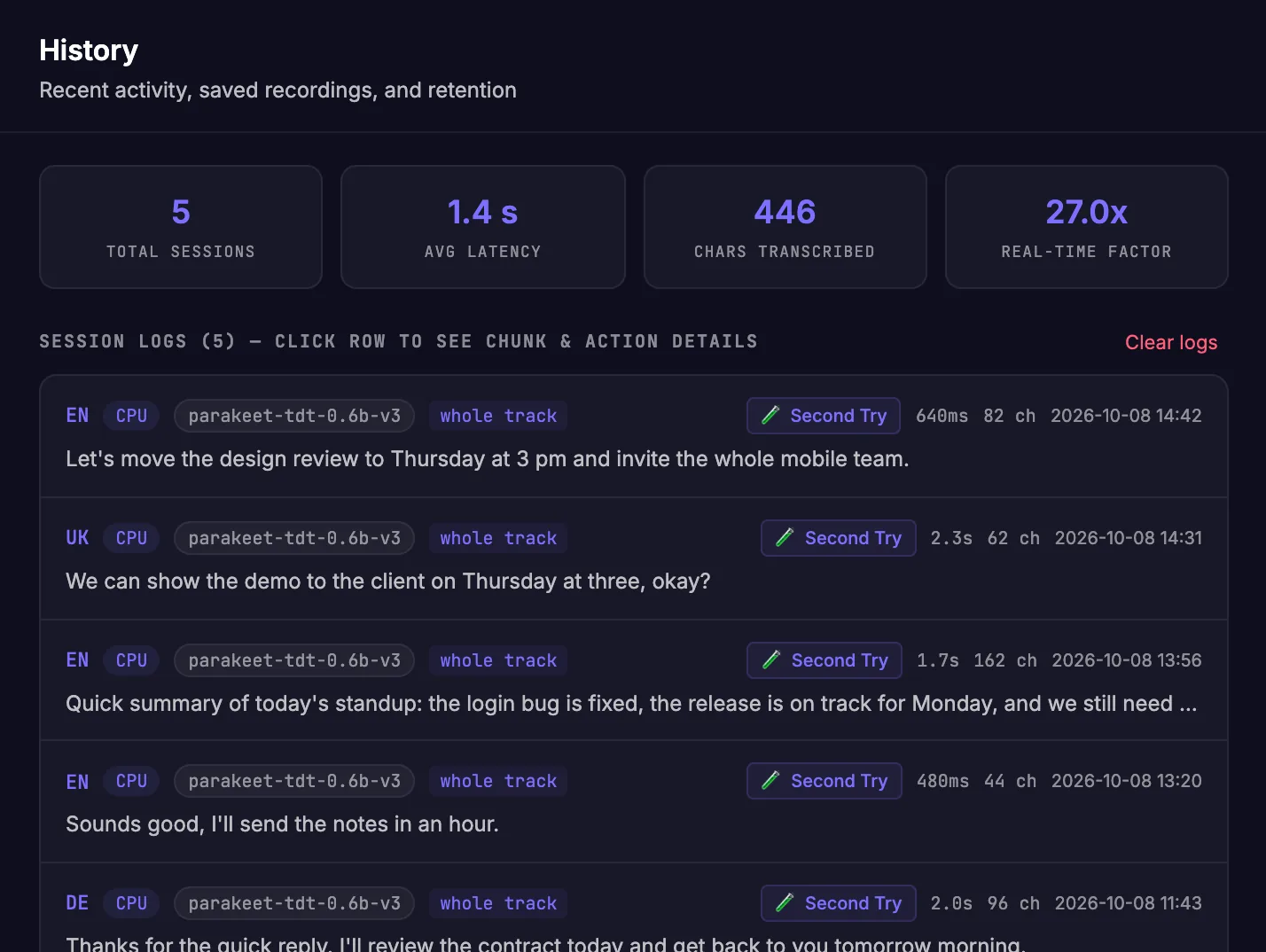 History tab: session stats and recent recordings with timings, detected language and text