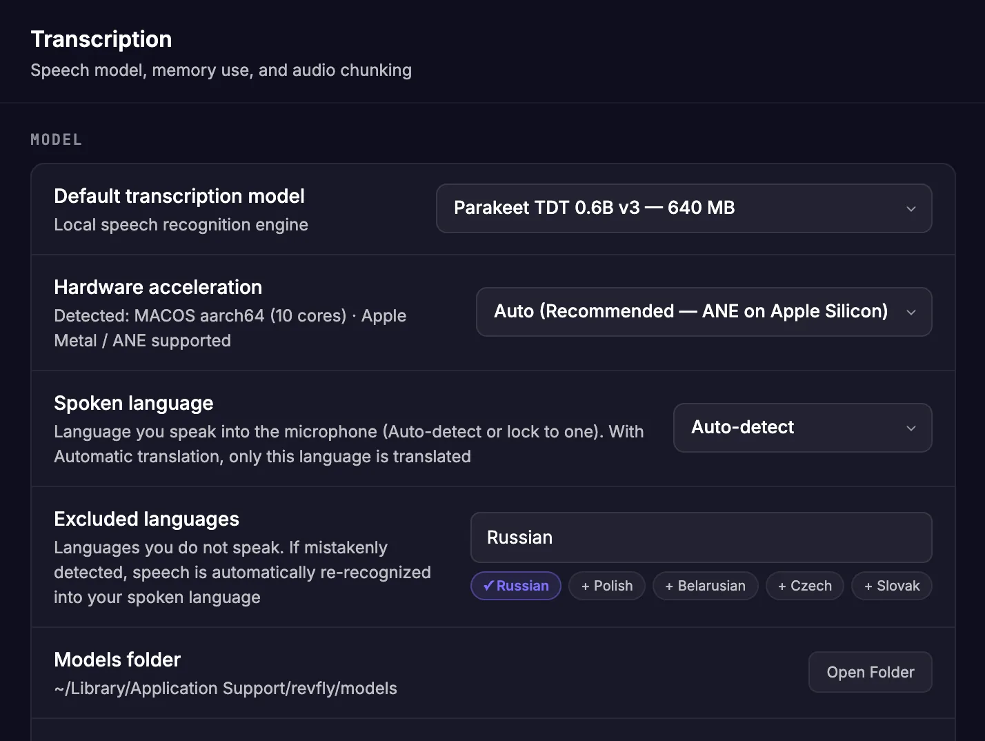 Model section: Parakeet TDT selected, hardware acceleration Auto, spoken language Auto-detect, excluded languages, models folder