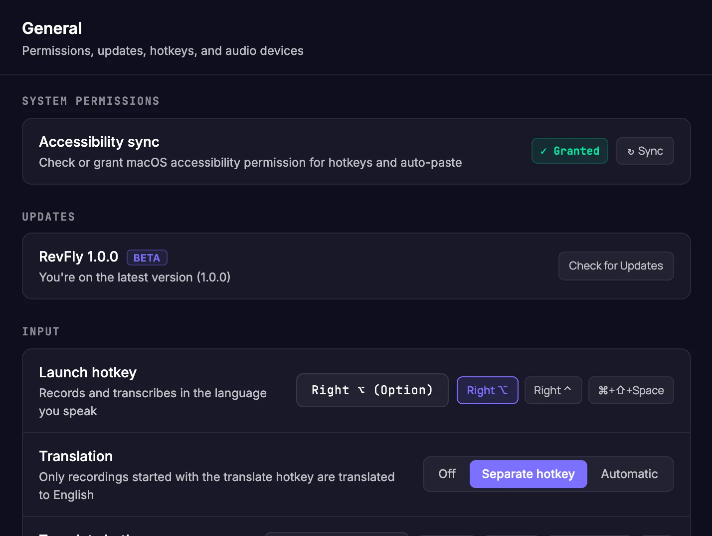 RevFly Settings, General tab: System Permissions with Accessibility granted, and Updates showing RevFly 1.0.0 Beta