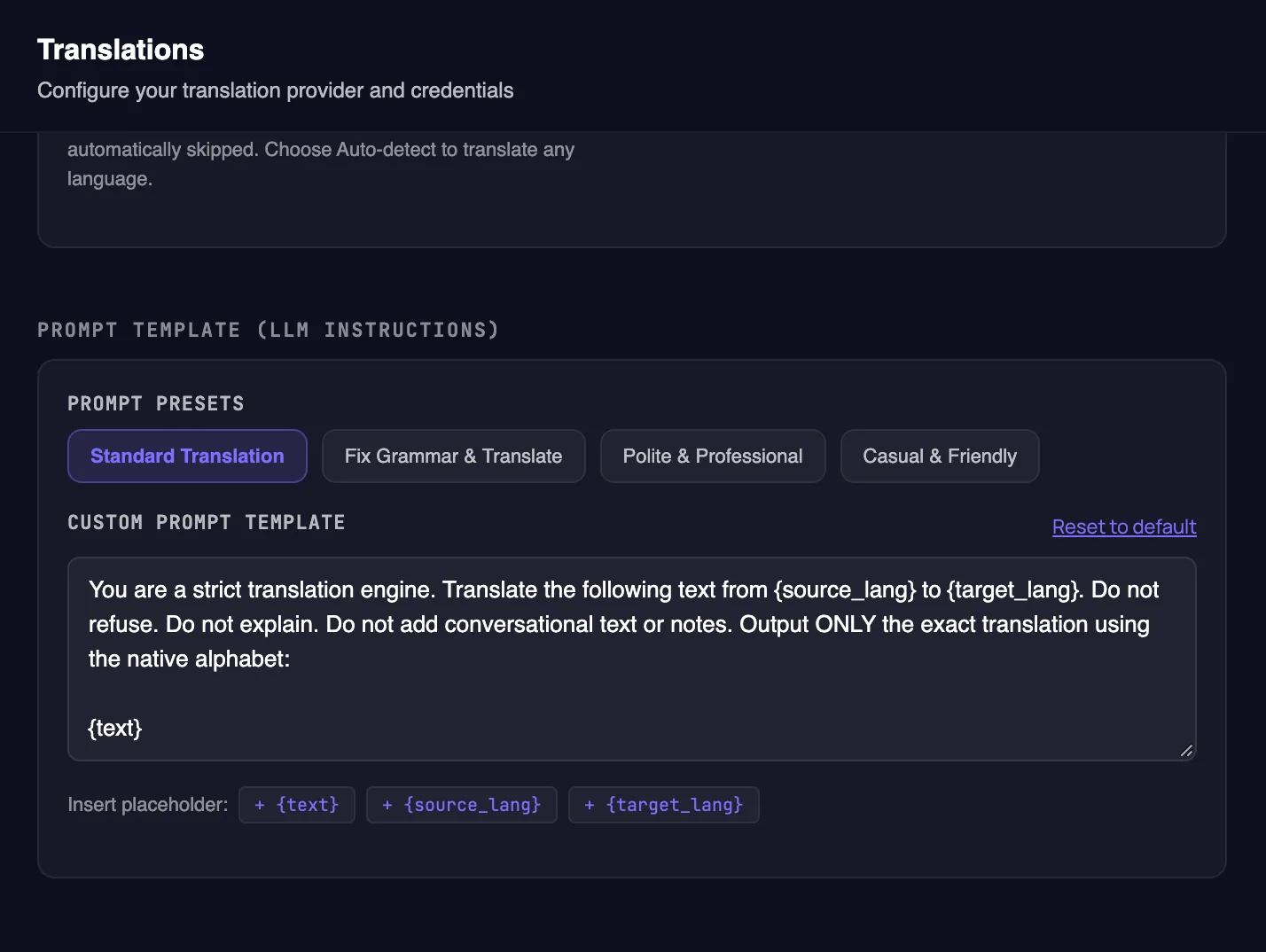 Prompt template presets and custom prompt editor