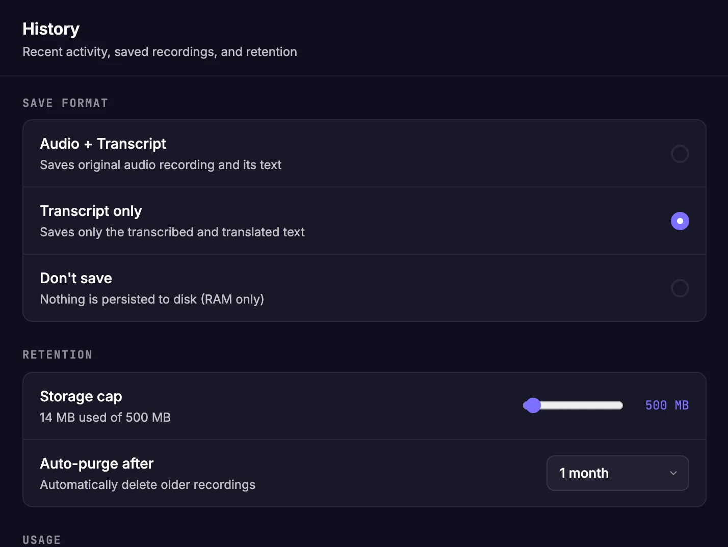 History tab: save format, storage cap and auto-purge