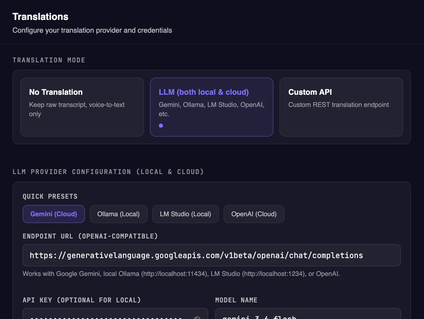 Translations tab: translation mode and LLM presets for Gemini, Ollama, LM Studio and OpenAI